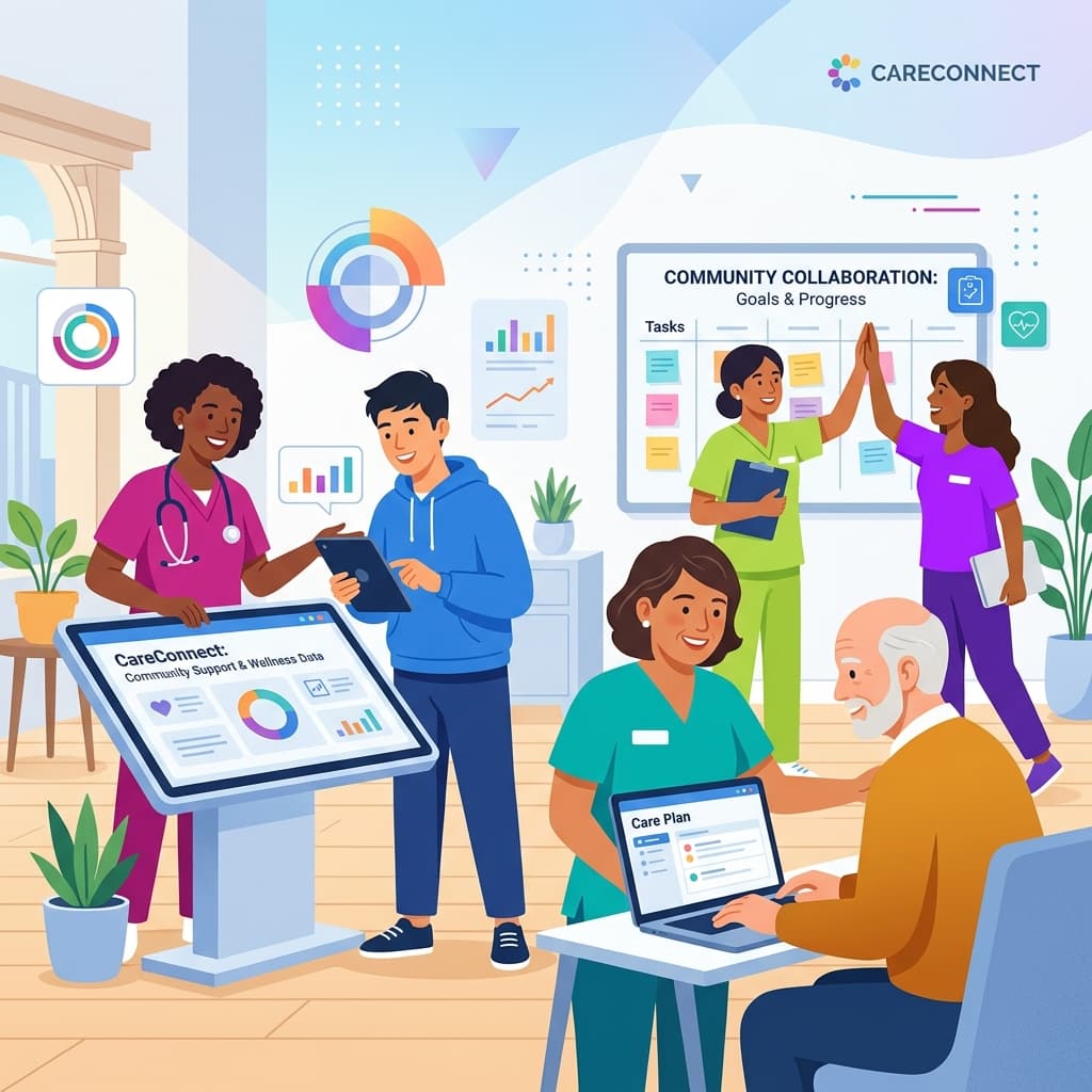 A diverse team of caregivers and community members working together