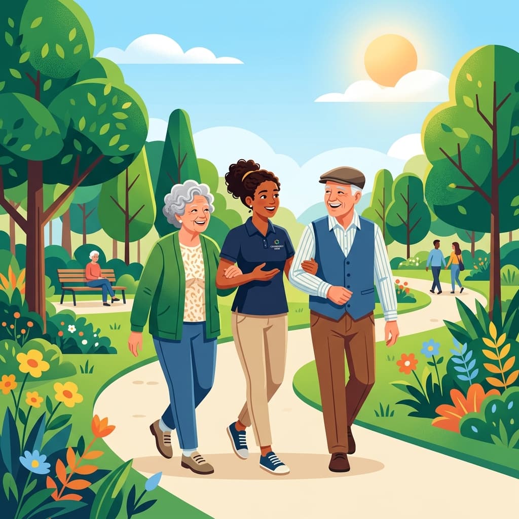Two elderly residents walking outdoors together with a cheerful caregiver