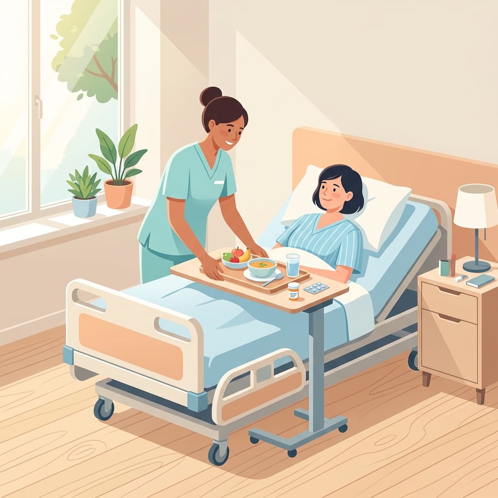 Patient resting while a friendly caregiver checks on them