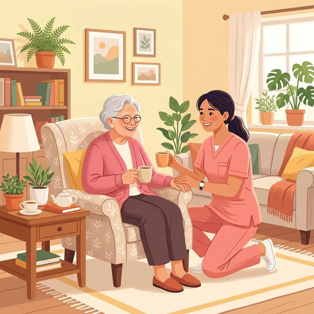 A warm residential living room setting where a smiling caregiver assists an elderly resident