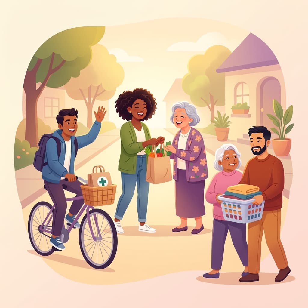 Community carers joyfully assisting neighbours with everyday errands