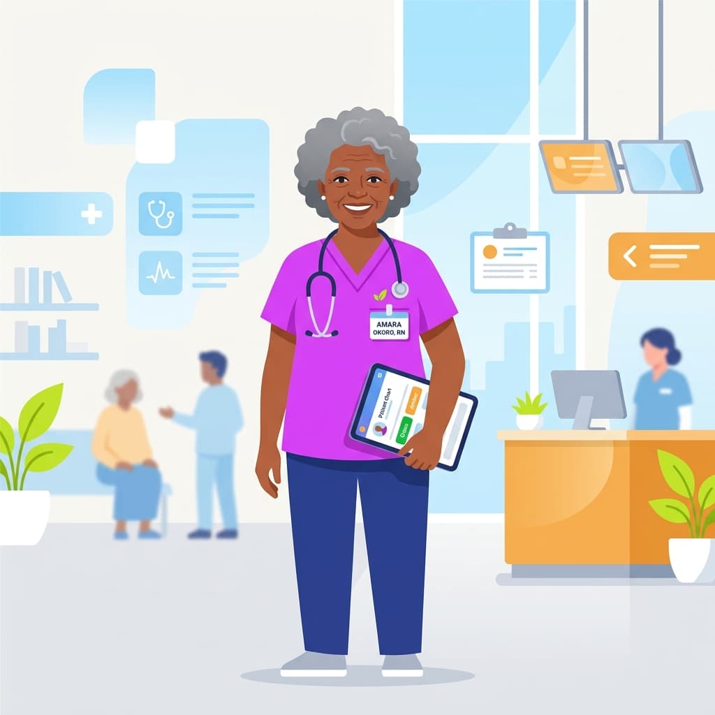 A confident, compassionate older African female nurse in a clinical setting